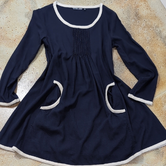 JYBY | 100% Cotton Long Sleeve Navy Blue Mini Dress Crew Neck Size L - Picture 1 of 11